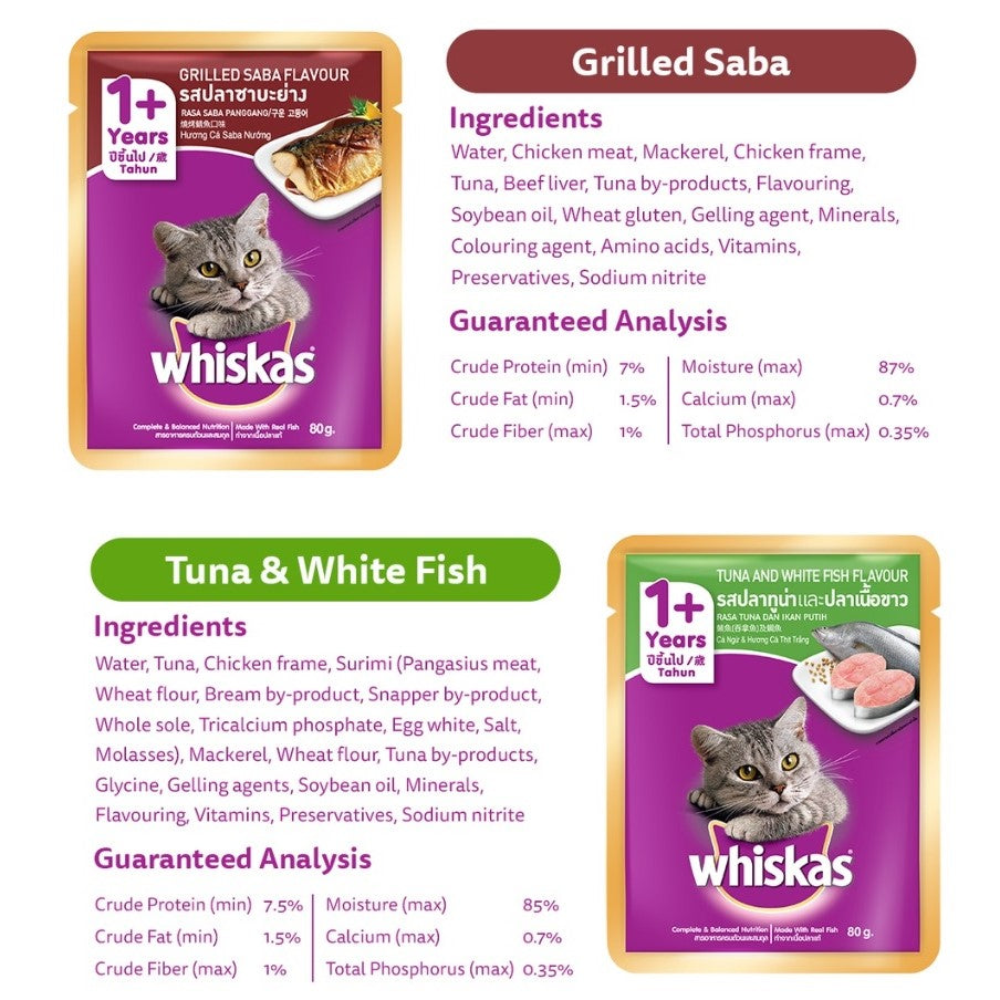 WHISKAS Wet Food Pouch for Cats – Mackerel, Ocean Fish, and Mackerel & Salmon Flavor (24-Pack), 80g
