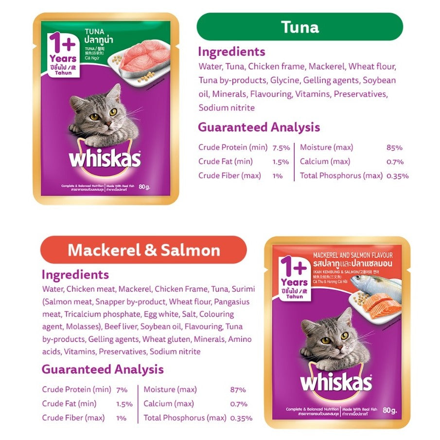 WHISKAS Wet Food Pouch for Cats – Mackerel, Ocean Fish, and Mackerel & Salmon Flavor (24-Pack), 80g