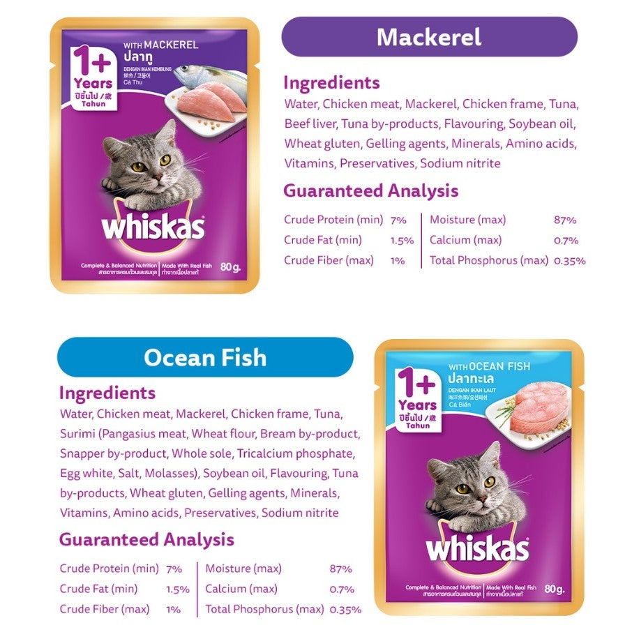 WHISKAS Wet Food Pouch for Cats – Mackerel, Ocean Fish, and Mackerel & Salmon Flavor (24-Pack), 80g