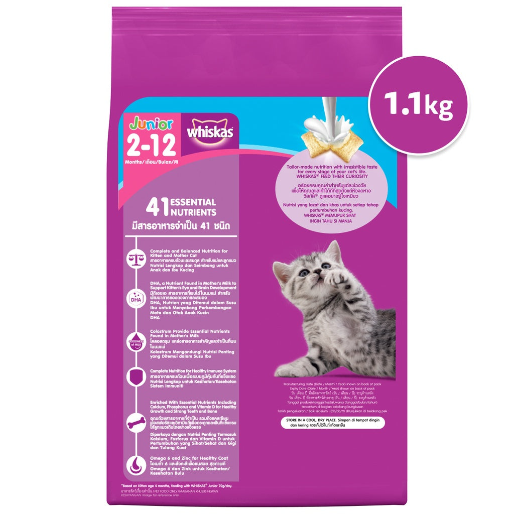 Whiskas Junior Ocean Fish/Mackerel Flavor with Milk Kitten Food Dry Cat Food for Kittens (1.1kg)