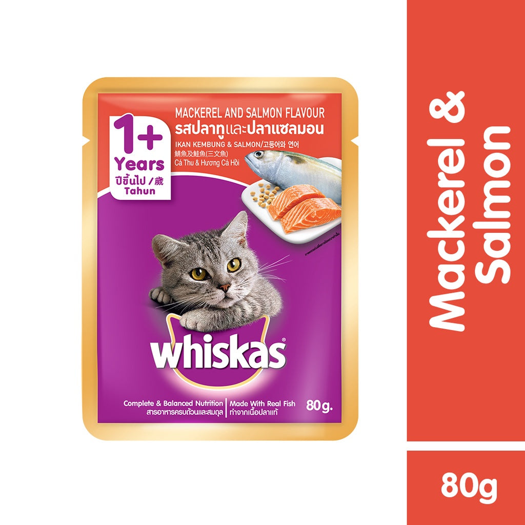 WHISKAS Wet Food Pouch for Cats – Mackerel, Ocean Fish, and Mackerel & Salmon Flavor (24-Pack), 80g