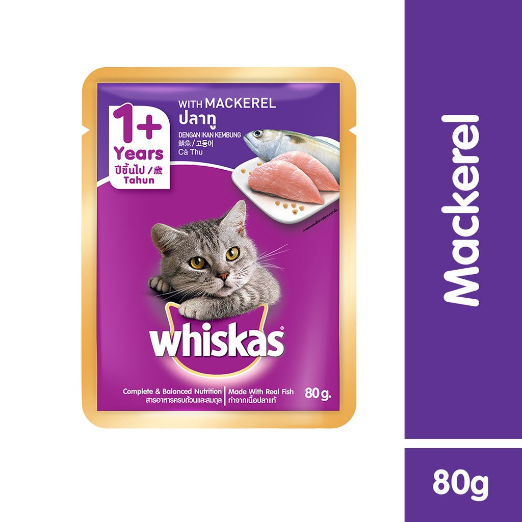 WHISKAS Wet Food Pouch for Cats – Mackerel, Ocean Fish, and Mackerel & Salmon Flavor (24-Pack), 80g