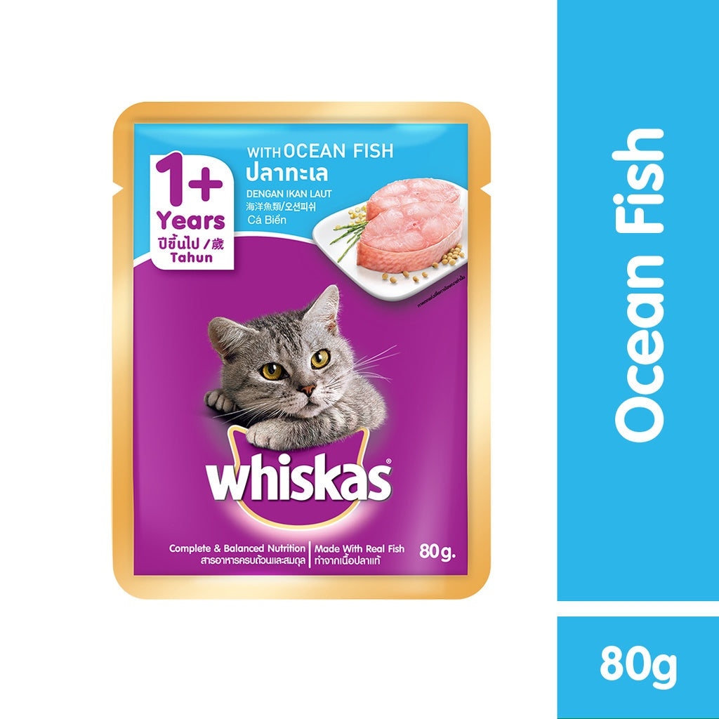 WHISKAS Wet Food Pouch for Cats – Mackerel, Ocean Fish, and Mackerel & Salmon Flavor (24-Pack), 80g